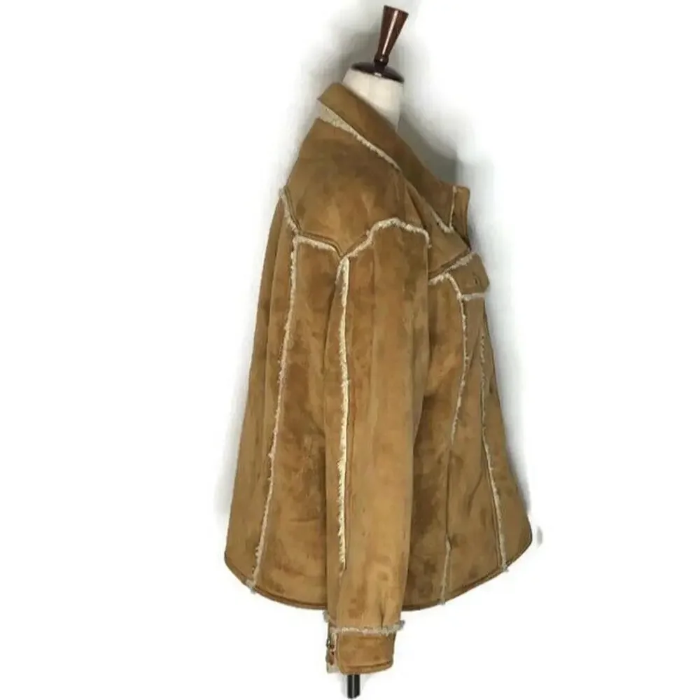 Vtg Back In The Saddle Brown Faux Suede Button Front Sherpa Lined Jacket L NWOT - Picture 2 of 7